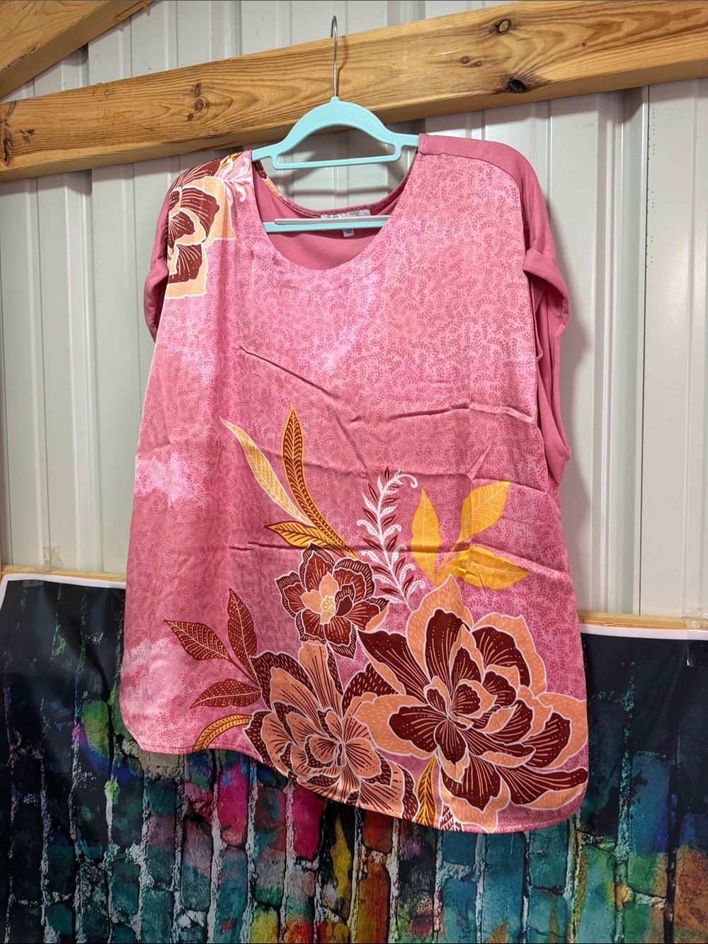 DR2 Pink Floral Scoop Neck Tunic with Yellow Accents